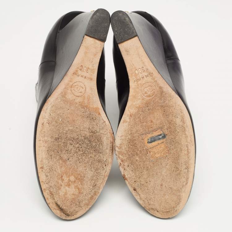 Pre Owned Chanel Black Leather Round Toe Pearl Embellished CC Wedge Boots Size 38