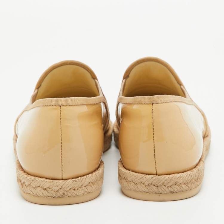 Pre Owned Chanel Beige Patent Leather CC Espadrille Loafers Size 36.5