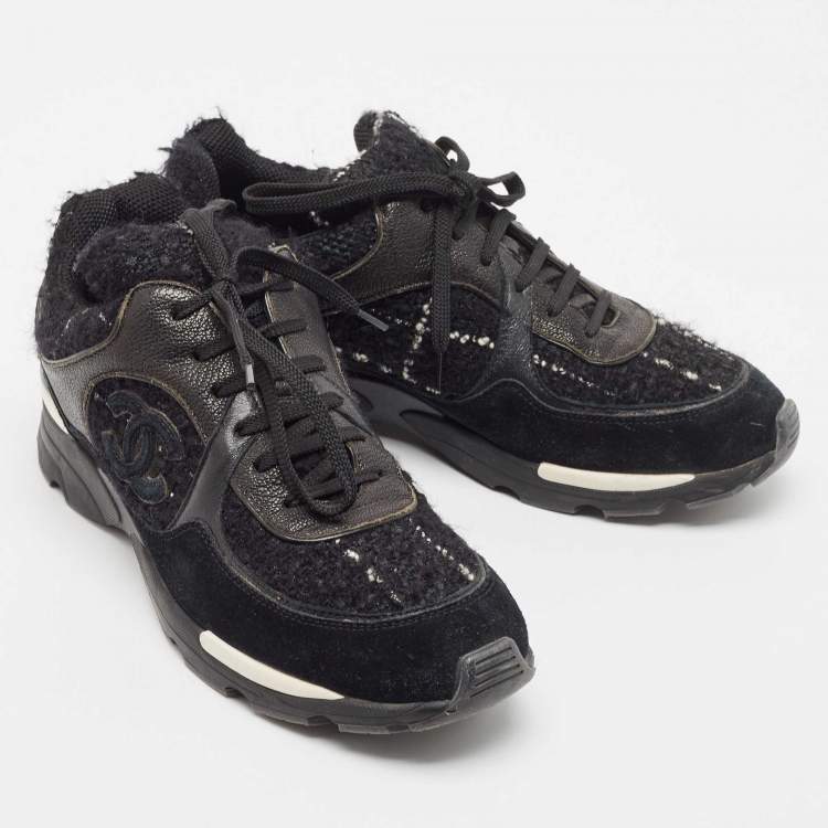 Pre Owned Chanel Black Suede and Tweed Interlocking CC Logo Low Top Sneakers Size 40.5