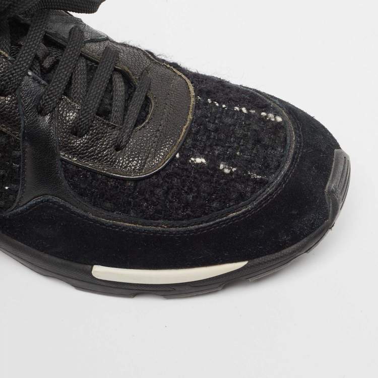 Pre Owned Chanel Black Suede and Tweed Interlocking CC Logo Low Top Sneakers Size 40.5
