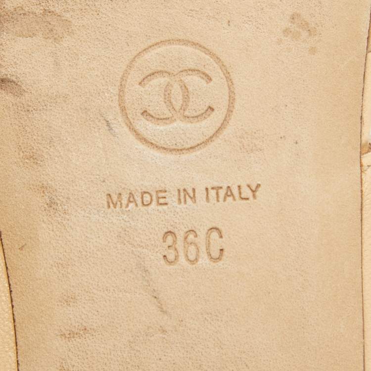 Pre Owned Chanel Beige Leather Embellished Ankle Strap Flat Sandals Size 36