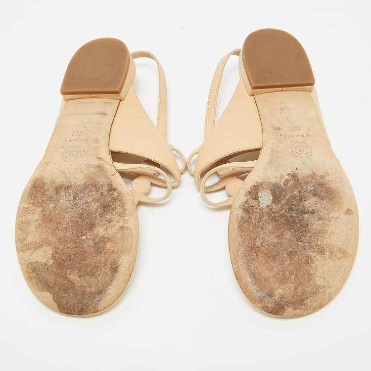 Pre Owned Chanel Beige Leather Embellished Ankle Strap Flat Sandals Size 36