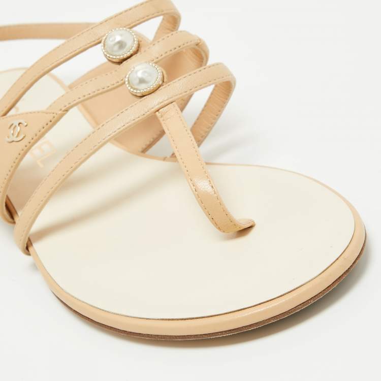 Pre Owned Chanel Beige Leather Embellished Ankle Strap Flat Sandals Size 36