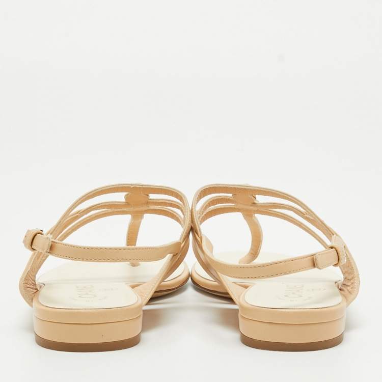 Pre Owned Chanel Beige Leather Embellished Ankle Strap Flat Sandals Size 36