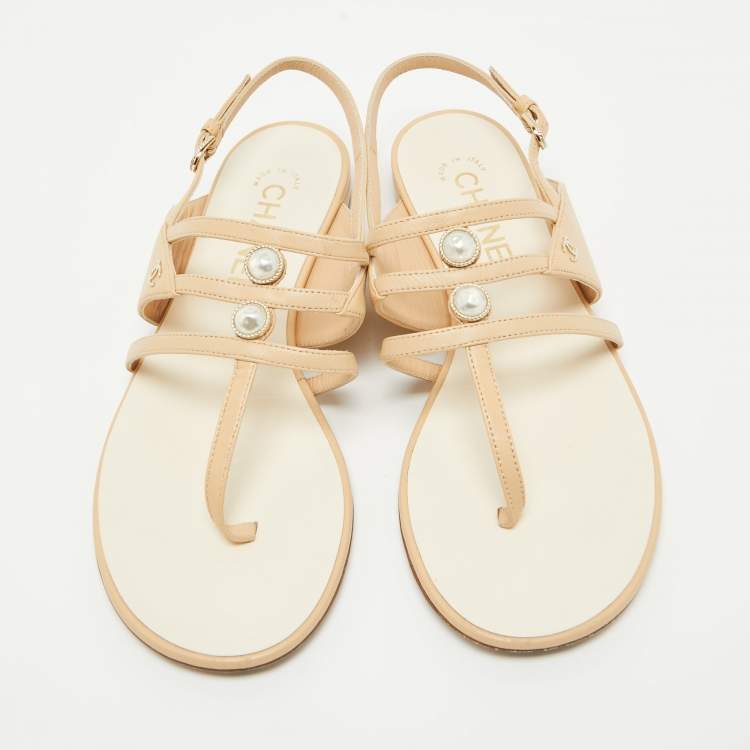 Pre Owned Chanel Beige Leather Embellished Ankle Strap Flat Sandals Size 36