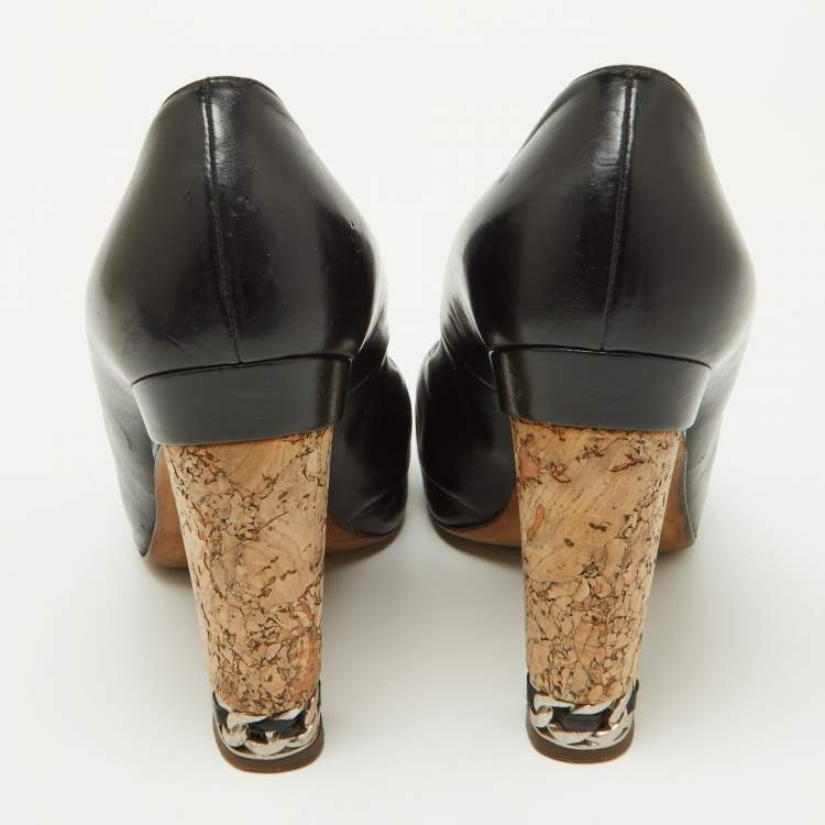 Pre Owned Chanel Black Leather Chain Link Cork Heel Open Toe Pumps Size 38.5