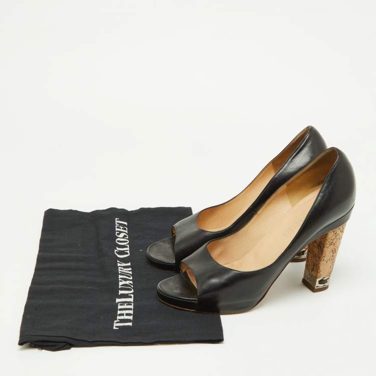 Pre Owned Chanel Black Leather Chain Link Cork Heel Open Toe Pumps Size 38.5