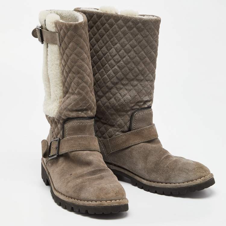 Pre Owned Chanel Grey Suede and Fur CC Mid Calf Boots Size 39