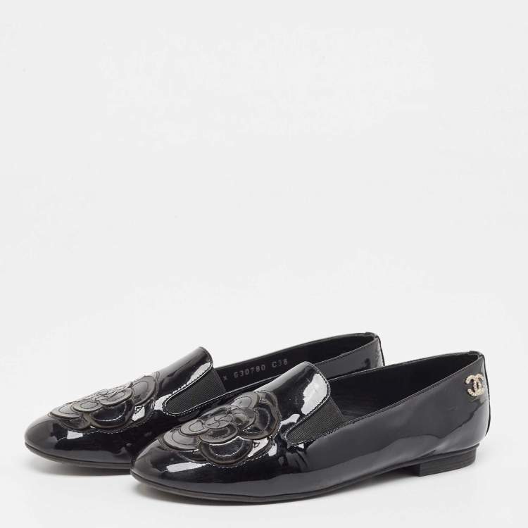 Pre Owned Chanel Black Patent Leather CC Camellia Loafers Size 38