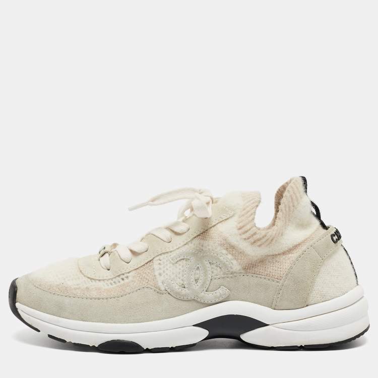 Chanel Grey/Beige Suede and Knit Fabric CC Low Top Sneakers