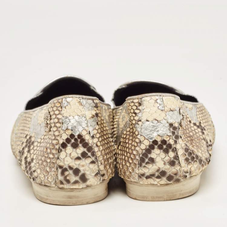 Pre Owned Chanel Tricolor Snakeskin and Leather Cap Toe CC Smoking Slippers Size 41