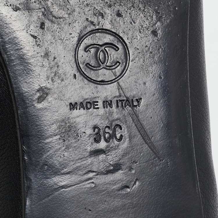 Pre Owned Chanel Black/Silver Leather CC  Cap Toe Ballet Flats Size 36