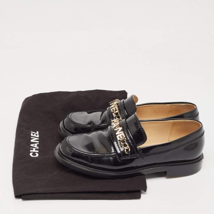 Pre Owned Chanel Black Leather Logo Slip On Loafers Size 36
