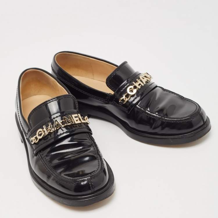 Pre Owned Chanel Black Leather Logo Slip On Loafers Size 36