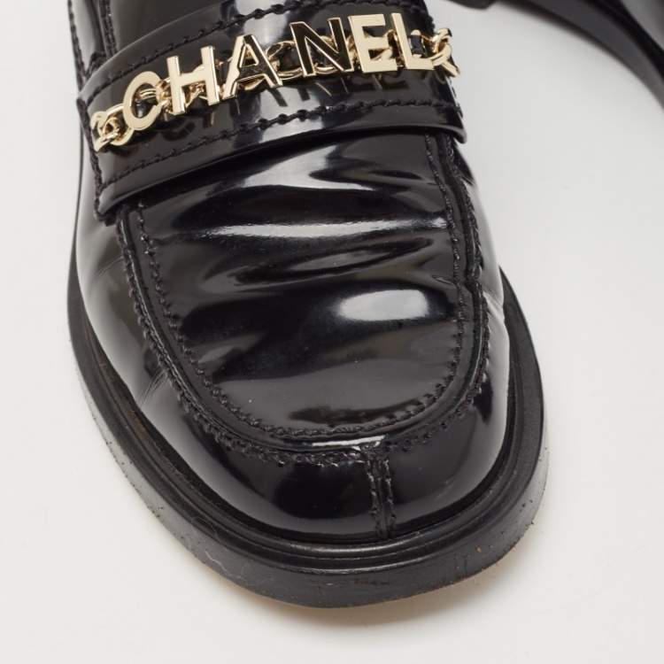 Pre Owned Chanel Black Leather Logo Slip On Loafers Size 36