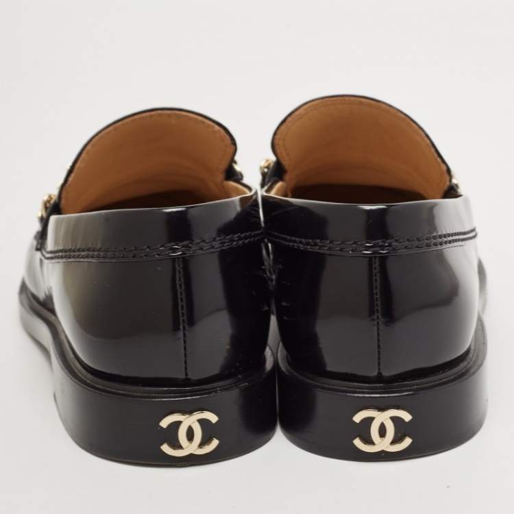 Pre Owned Chanel Black Leather Logo Slip On Loafers Size 36