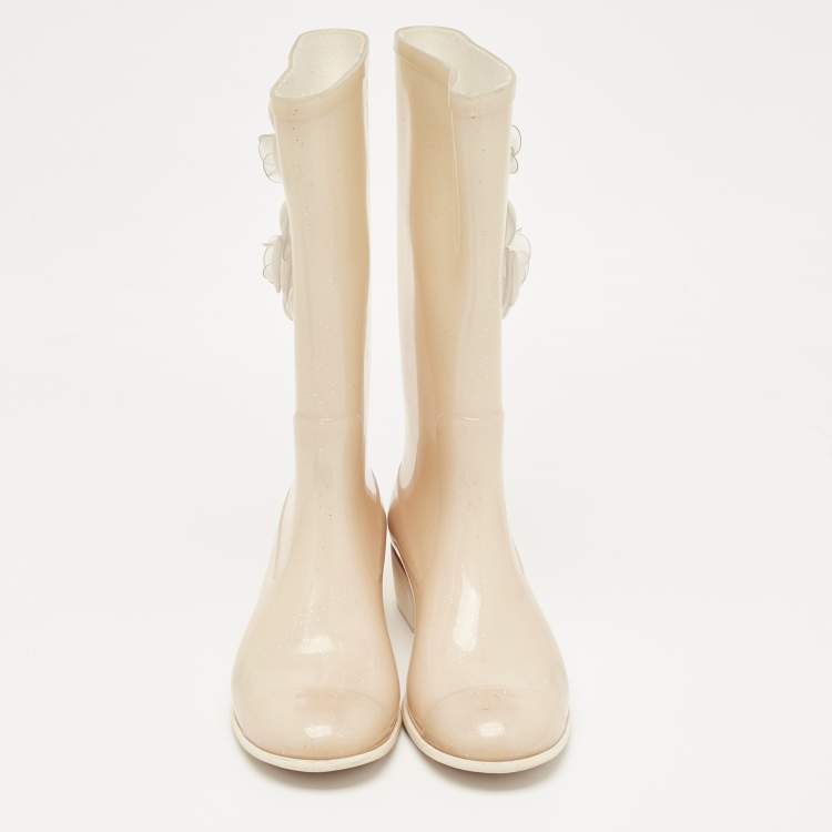 Pre Owned Chanel Beige Glitter Rubber CC Camellia Rain Boots Size 37