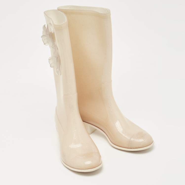 Pre Owned Chanel Beige Glitter Rubber CC Camellia Rain Boots Size 37