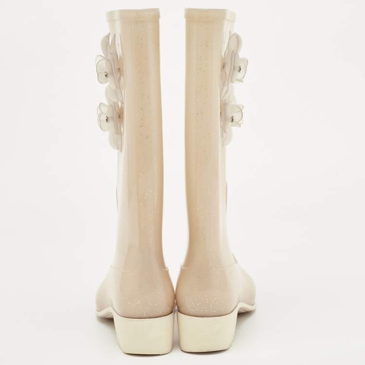 Pre Owned Chanel Beige Glitter Rubber CC Camellia Rain Boots Size 37
