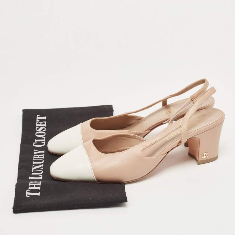 Pre Owned Chanel Beige/White Leather CC D'orsay Slingback Pumps Size 39