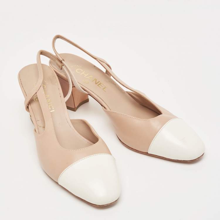 Pre Owned Chanel Beige/White Leather CC D'orsay Slingback Pumps Size 39