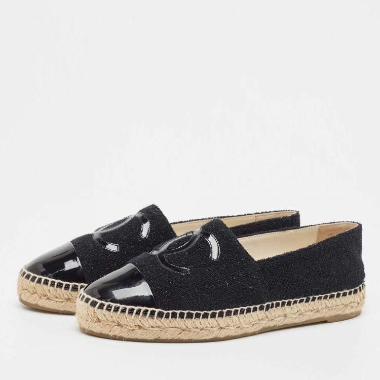 Pre Owned Chanel Black Tweed and Patent CC Espadrille Flats Size 39