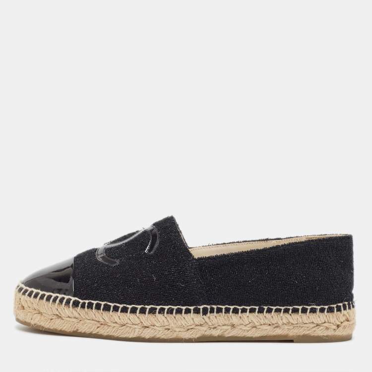 Pre Owned Chanel Black Tweed and Patent CC Espadrille Flats Size 39