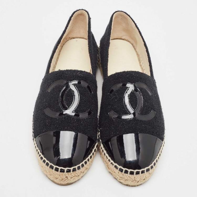 Pre Owned Chanel Black Tweed and Patent CC Espadrille Flats Size 39