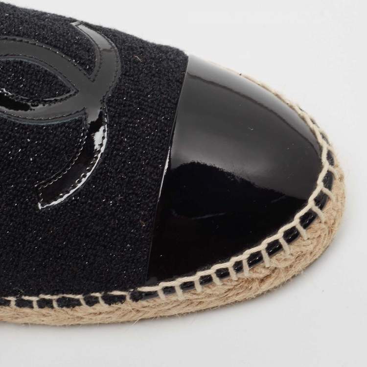 Pre Owned Chanel Black Tweed and Patent CC Espadrille Flats Size 39