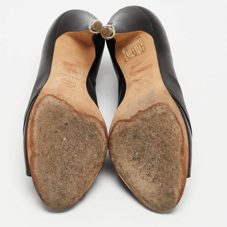 Pre Owned Chanel Black Leather CC Pearl Embellished Open Toe Booties Size 36.5