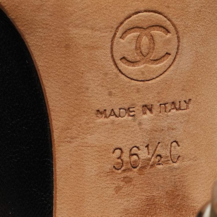 Pre Owned Chanel Black Leather CC Pearl Embellished Open Toe Booties Size 36.5