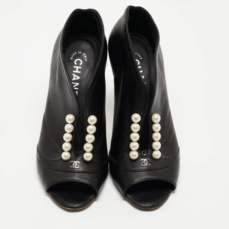 Pre Owned Chanel Black Leather CC Pearl Embellished Open Toe Booties Size 36.5