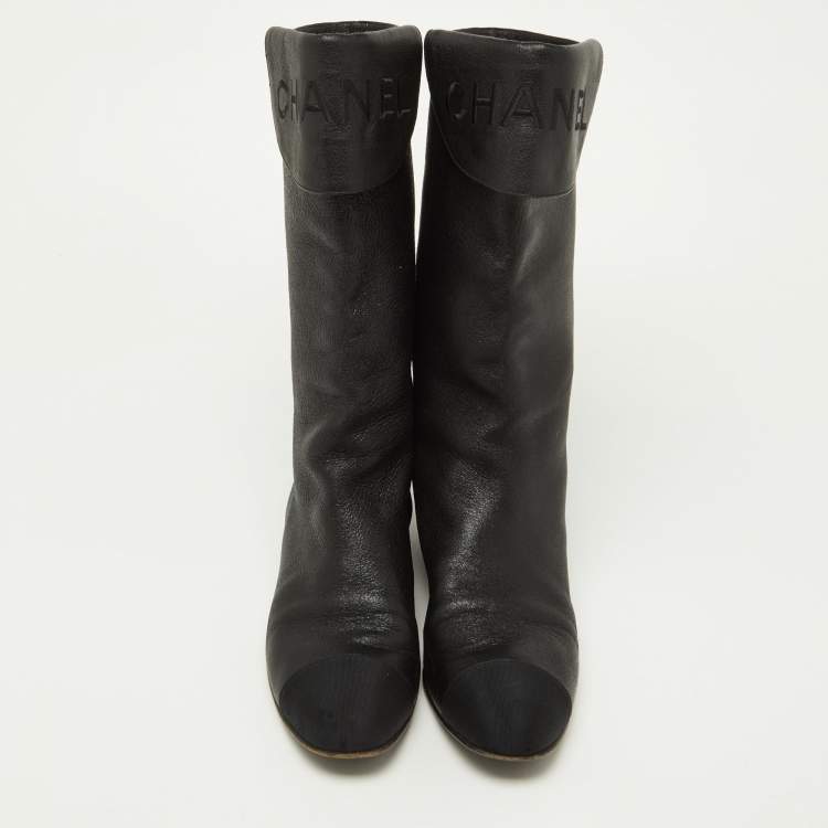 Pre Owned Chanel Black Leather and Grosgrain Mid Calf Boots Size 37.5