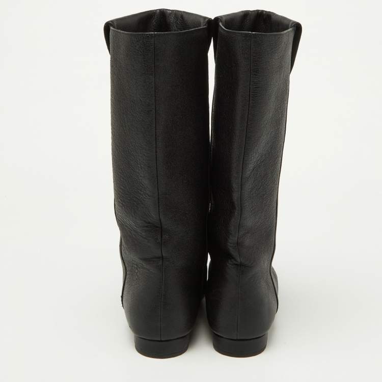 Pre Owned Chanel Black Leather and Grosgrain Mid Calf Boots Size 37.5