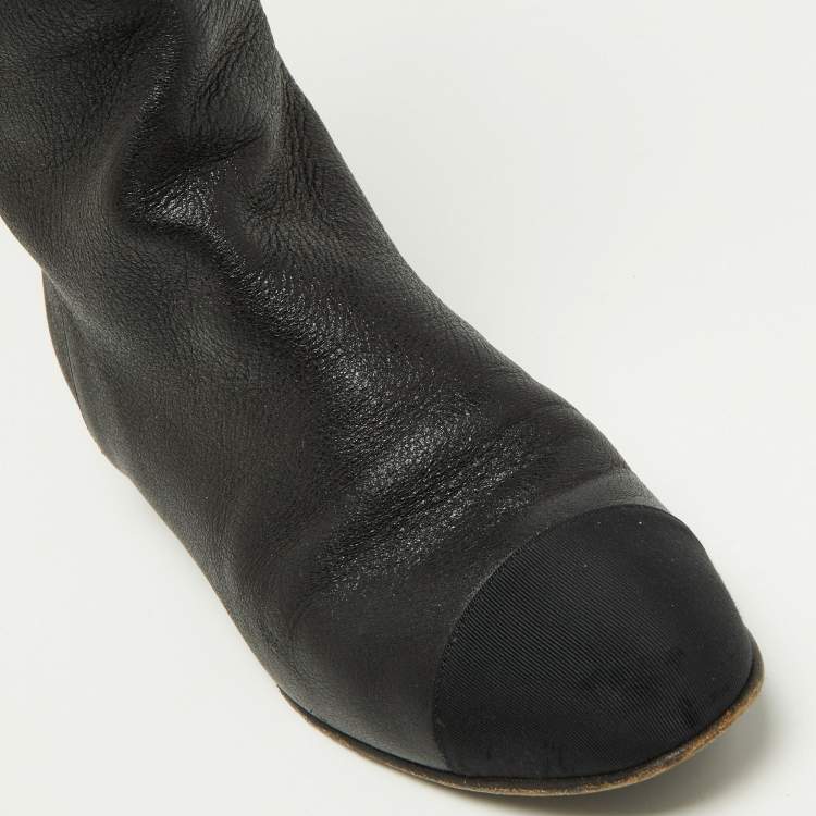 Pre Owned Chanel Black Leather and Grosgrain Mid Calf Boots Size 37.5