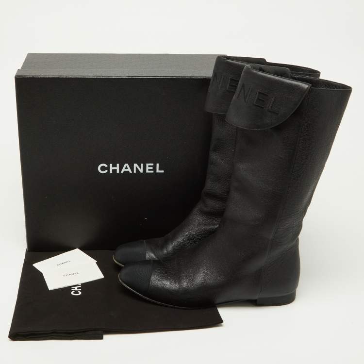 Pre Owned Chanel Black Leather and Grosgrain Mid Calf Boots Size 37.5