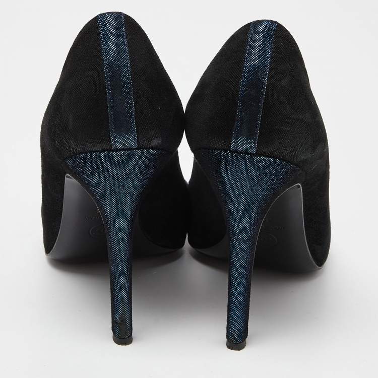 Pre Owned Chanel Black/Blue Suede Embellished CC Cap Toe Pumps Size 39.5