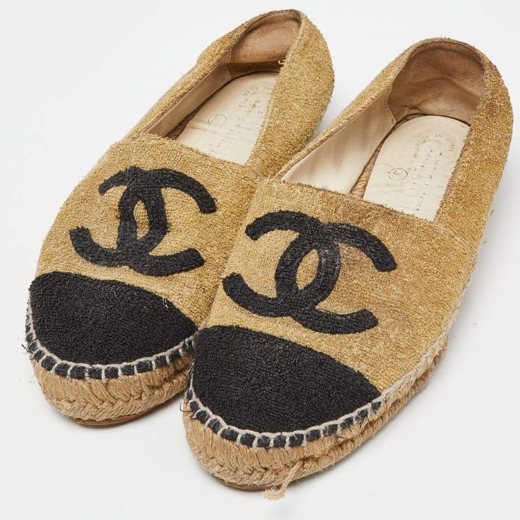 Chanel Gold Black Fabric CC Logo Espadrilles Size 38 Chanel TLC