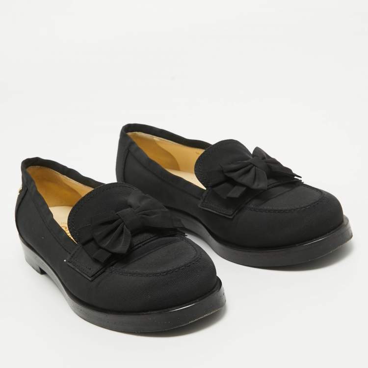 Pre Owned Chanel Black Canvas CC Bow Slip On Loafers Size 38