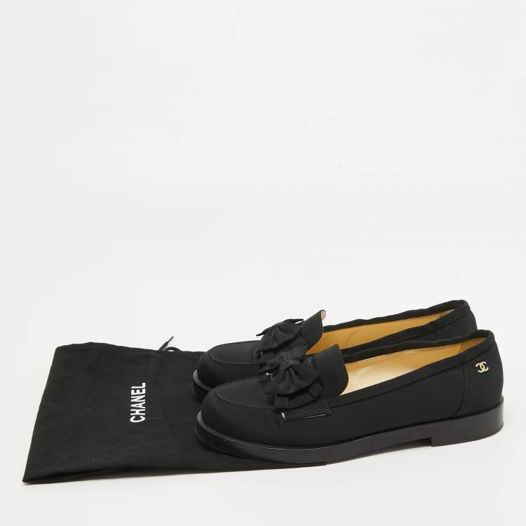 Pre Owned Chanel Black Canvas CC Bow Slip On Loafers Size 38