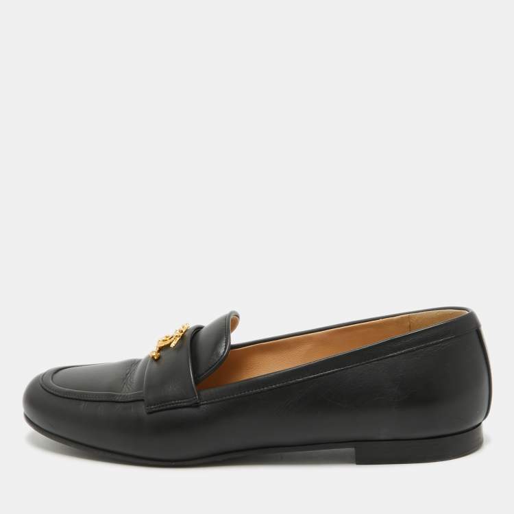 Pre Owned Chanel Black Leather CC Logo Slip On Loafers Size 38