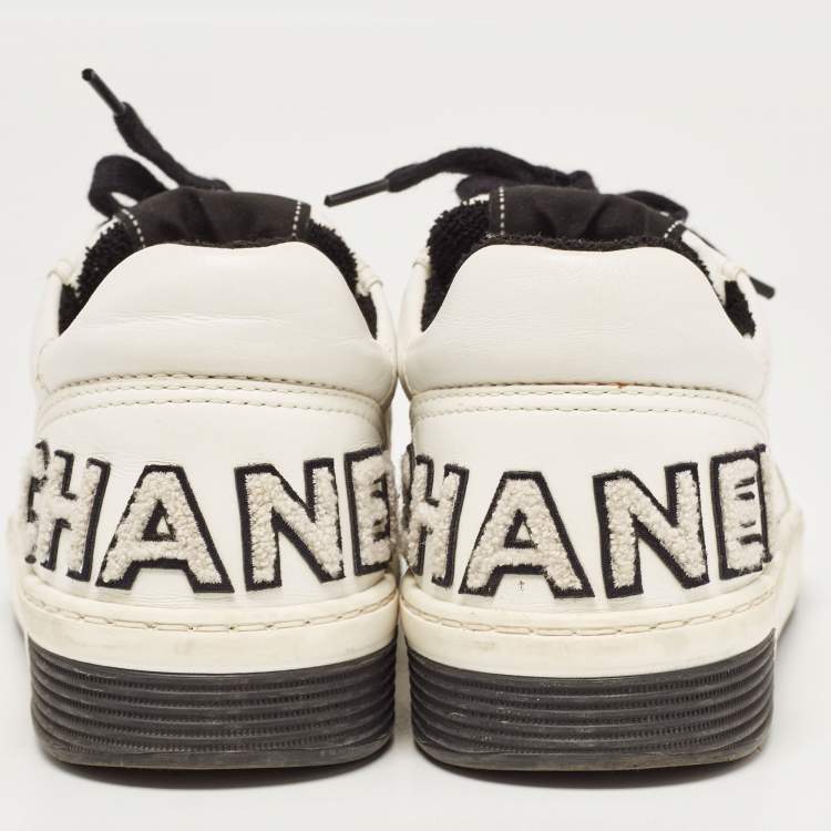 Pre Owned Chanel White/Black Leather Lace Up Sneakers Size 37