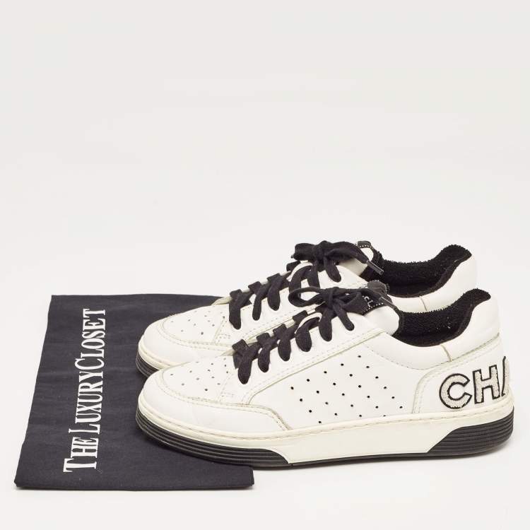 Pre Owned Chanel White/Black Leather Lace Up Sneakers Size 37