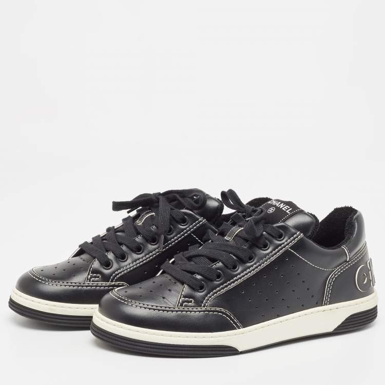 Pre Owned Chanel Black Perforated Leather Logo Low Top Sneakers Size 39