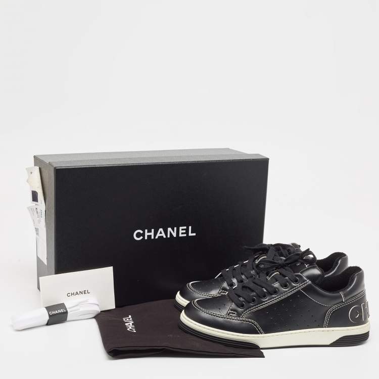 Pre Owned Chanel Black Perforated Leather Logo Low Top Sneakers Size 39