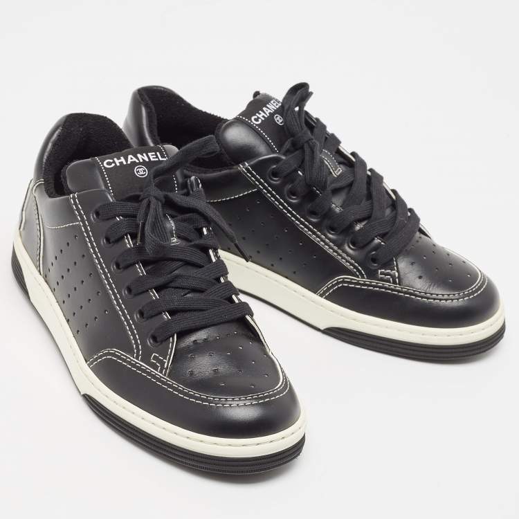 Pre Owned Chanel Black Perforated Leather Logo Low Top Sneakers Size 39