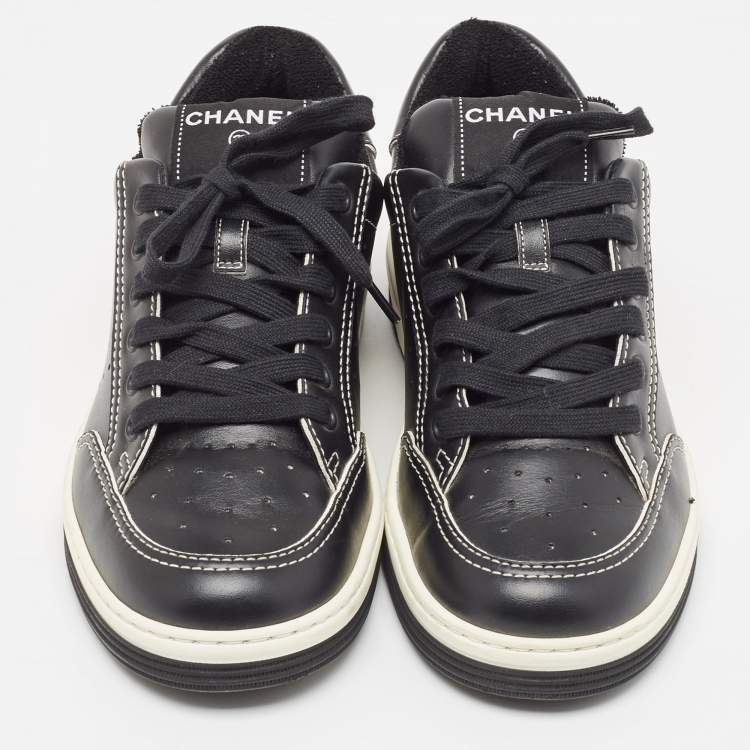 Pre Owned Chanel Black Perforated Leather Logo Low Top Sneakers Size 39
