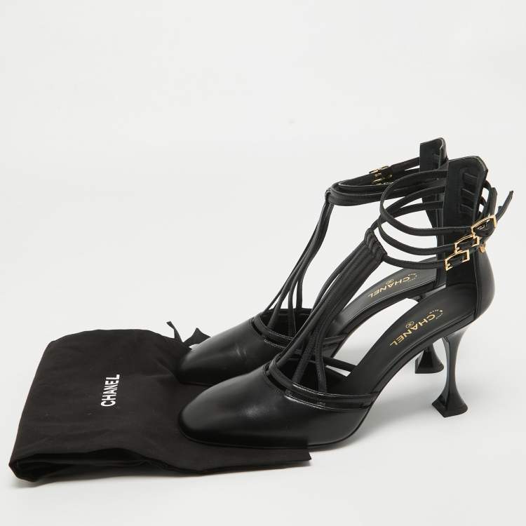 Pre Owned Chanel Black Leather Ankle Strap Pumps Size 40