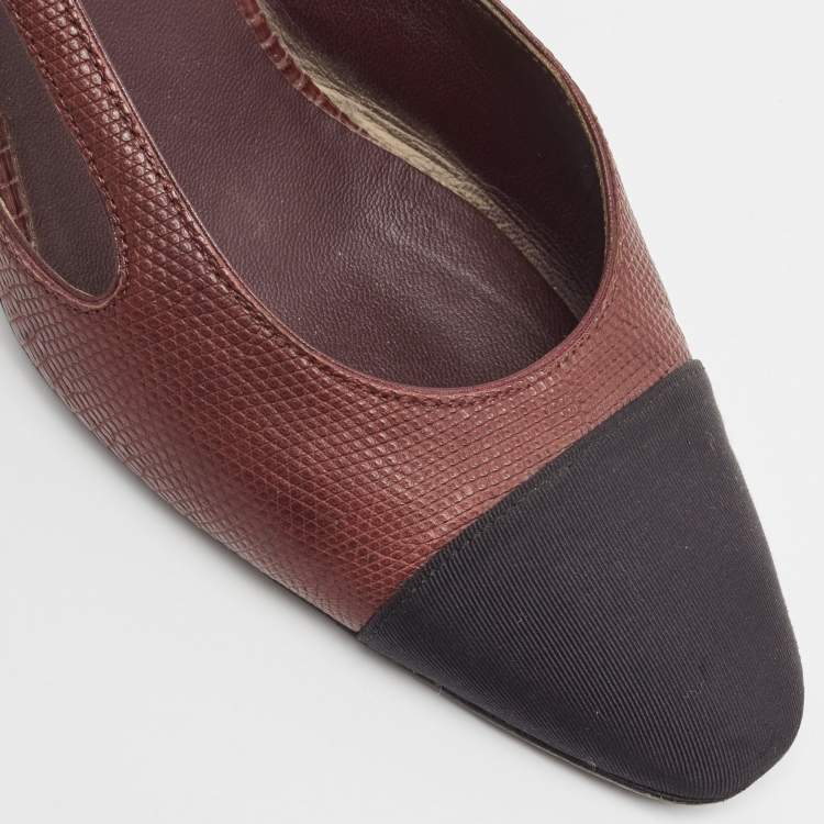 Pre Owned Chanel Burgundy Lizard Embossed CC Cap Toe Pumps Size 37 