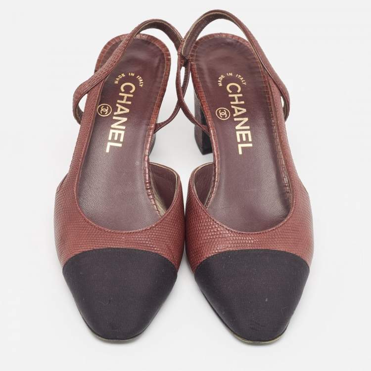 Pre Owned Chanel Burgundy Lizard Embossed CC Cap Toe Pumps Size 37 